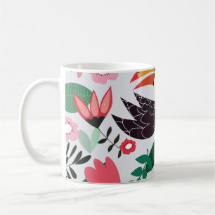 Taza De Café Aves tropicales, patrón de doodle floral.