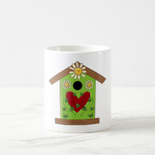 Taza De Café Aves verdes con corazón y margaritas