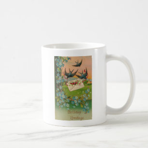 Taza De Café Aves y flores de postales de cumpleaños vintage