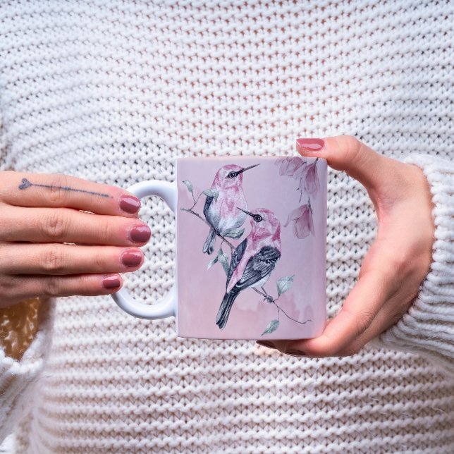 Taza De Café Aves y flores rosas en acuarela (Subido por el creador)