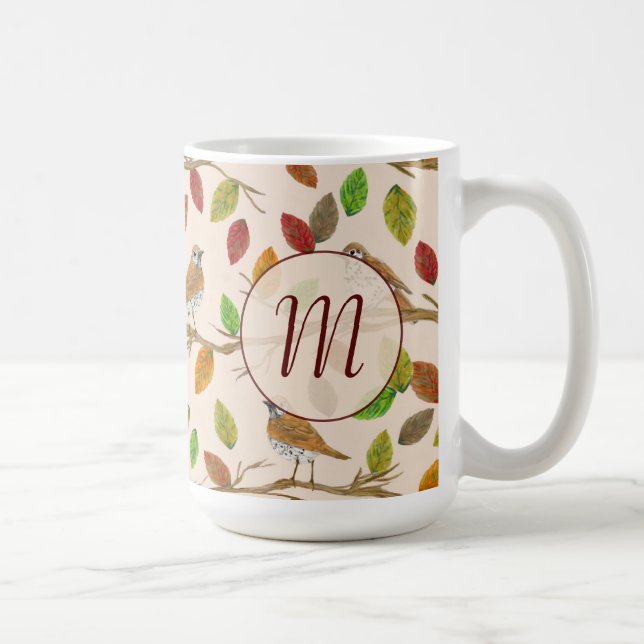 Taza De Café Aves y hojas de otoño monograma inicial personaliz (Derecha)