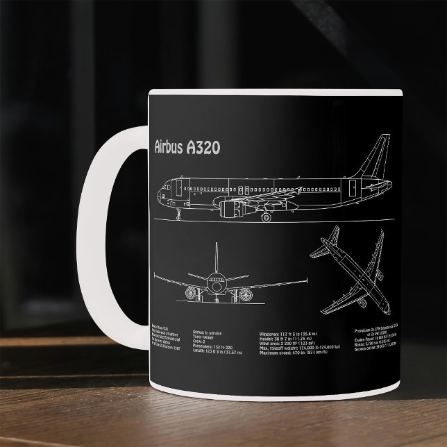 Taza De Café Avión Airbus A320 en Dibujo de Plano Director (Airplane Airbus A320 in Blueprint Drawing PD. Coffee Mug)