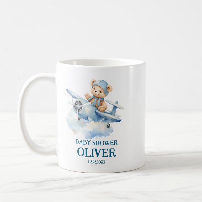 Taza De Café Avión azul de oso lindo vuelo Un primer cumpleaños (Izquierda)