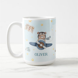 Taza De Café Avión Cute Aviation Bear Blue Vintage