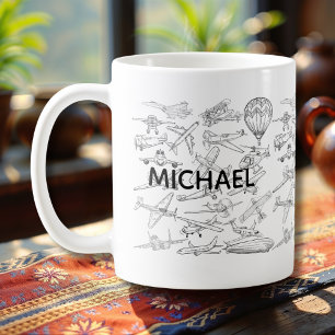 Taza De Café Aviones dibujados a mano Aviación Piloto Aviador D