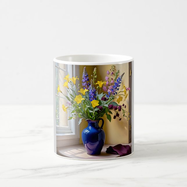 Taza De Café Azul amarillo morado florece arte (Centro)