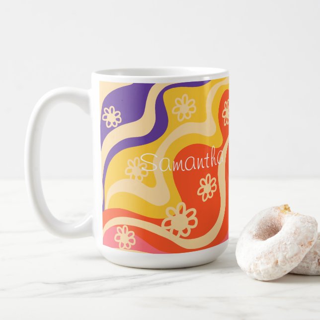 Taza De Café Azul, Amarillo, Naranja, Floral Rosa Resumen (Con donut)