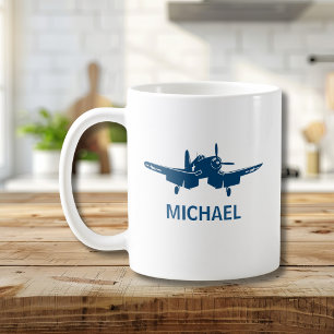 Taza De Café Azul Avión Vintage Corsair Nombre de Piloto Person