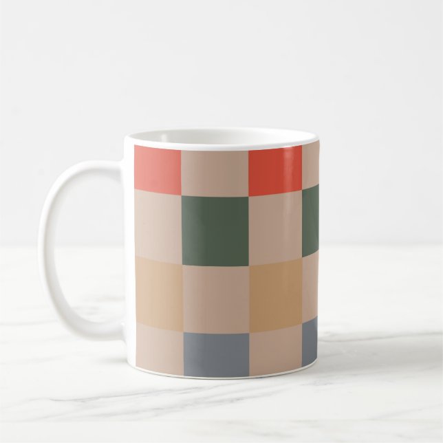 Taza De Café Azul Beige Naranja Marrón Cuadros Vichy Estampado (Izquierda)