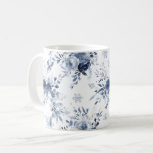 Taza De Café Azul Blanco Floral
