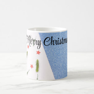 Taza De Café Azul blanco y brillante con árbol de pino, estrell
