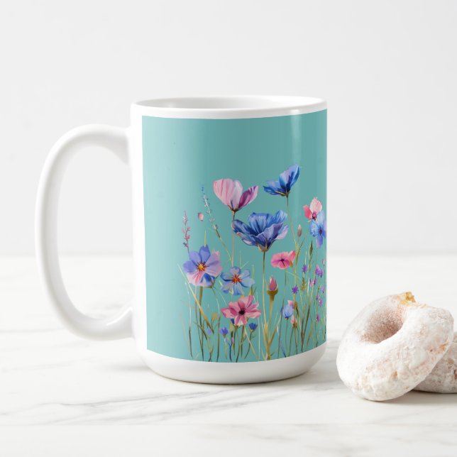 Taza De Café Azul cielo acuático con flores silvestres rosas y  (Con donut)