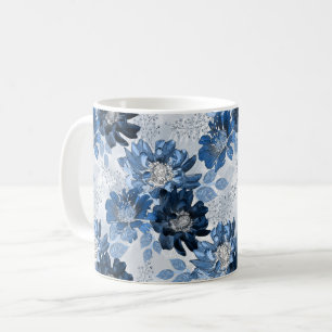 Taza De Café Azul claro, flores azul oscuro sobre gris claro