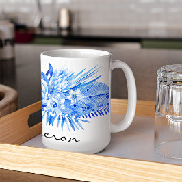Taza De Café Azul Cobalto, Flores Tropicales Personalizadas 15o