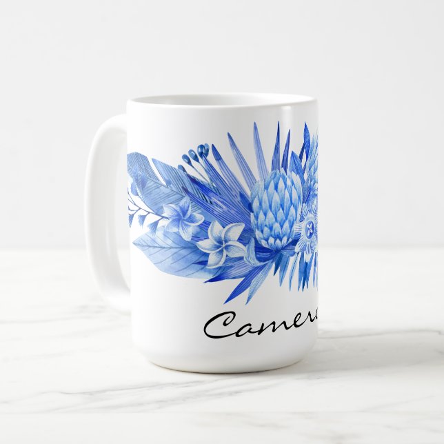 Taza De Café Azul cobalto, flores tropicales Personalizados 15  (Anverso izquierdo)