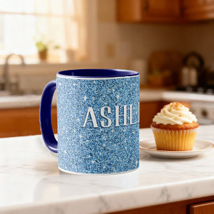 Taza de café azul con purpurina personalizada con