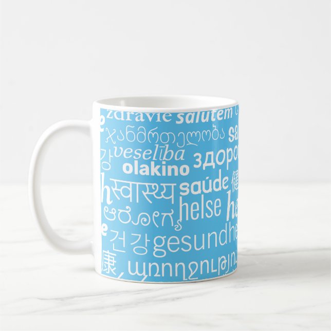 Taza de café azul con texto de salud o elegir colo (Izquierda)