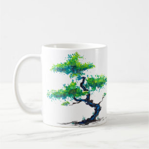 Taza de café azul de la acuarela de los bonsais