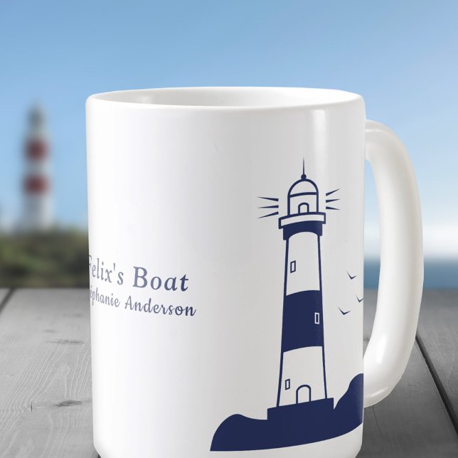 Taza De Café Azul de la Marina de Faro (Lighthouse Navy Blue Mug)