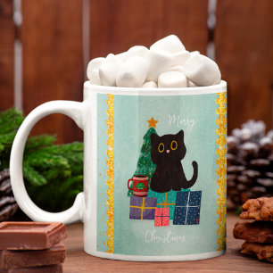 Taza De Café Azul Festivo Feliz Navidad Gato Negro Lindo Café