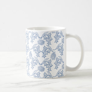 Taza De Café Azul índigo sobre patrón floral étnico blanco