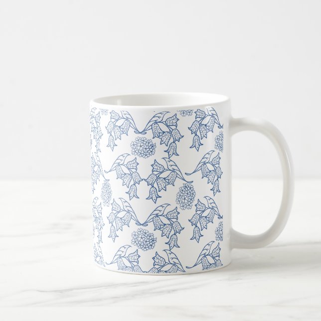 Taza De Café Azul índigo sobre patrón floral étnico blanco (Derecha)