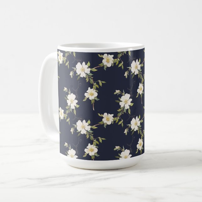 Taza De Café Azul Marino Blanco Floral (Anverso izquierdo)