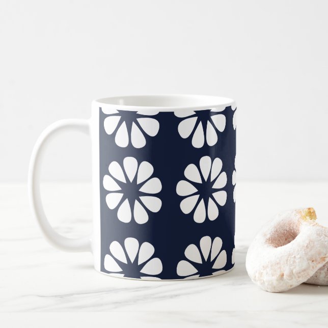 Taza De Café Azul Marino Blanco Floral (Con donut)