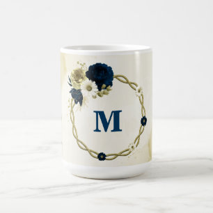 Taza De Café azul marino marfil flores oro monograma