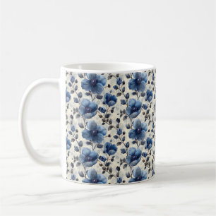 Taza De Café Azul Marino Retro Bonito Vintage Flor Elegante Chi