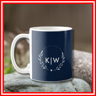 Taza De Café Azul Marino y Blanco Monograma de Iniciales Mode