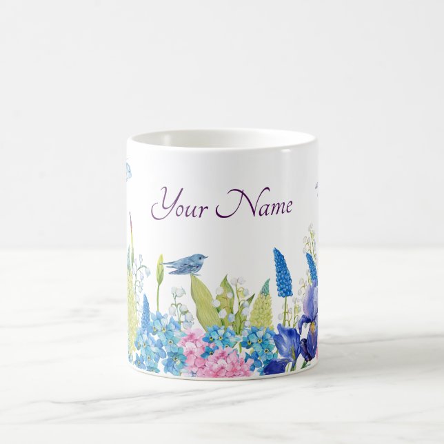 Taza De Café Azul morado acuático estético floral (Centro)