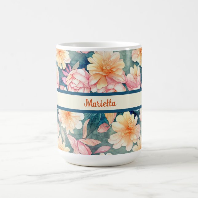 Taza De Café Azul, Naranja, rojo, acuarela Floral personalizada (Centro)