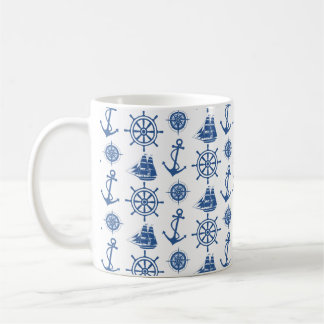 Taza De Café Azul náutico y blanco del ancla del tema