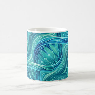 Taza de café azul océano con hélice de ADN abstrac