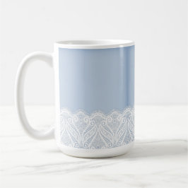 TAZA DE CAFÉ AZUL PASTEL PÁLIDO CON FRONTERA DE LACE BLANCO