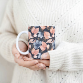 Taza De Café Azul, Peach y Gold Florals Arte Botánico Elegante