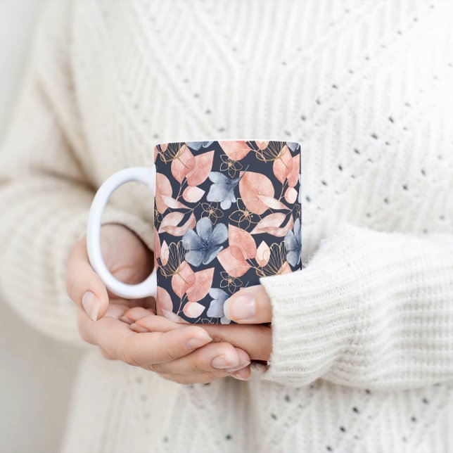 Taza De Café Azul, Peach y Gold Florals Arte Botánico Elegante (Subido por el creador)