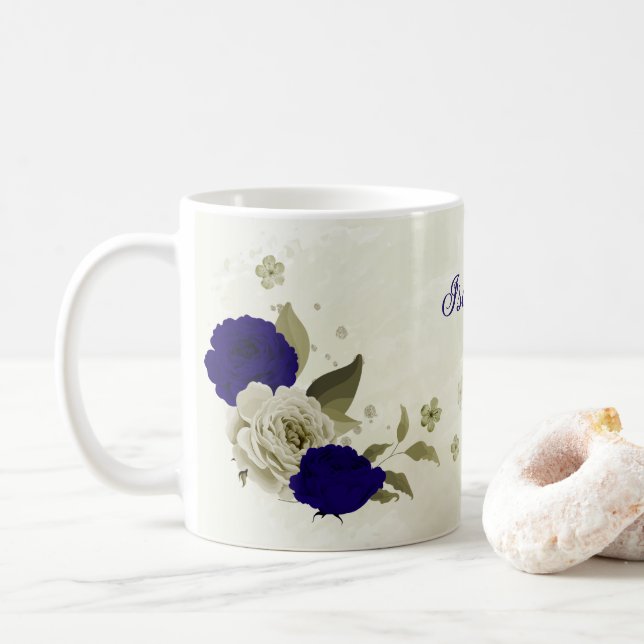 Taza De Café Azul real beige floral  (Con donut)