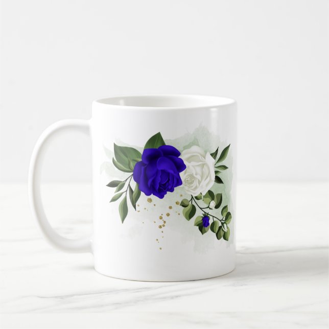 Taza De Café azul real y flores blancas vegetación (Izquierda)