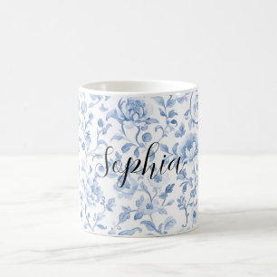 Taza De Café Azul Romántico Blanco Floral Ducha de Novia