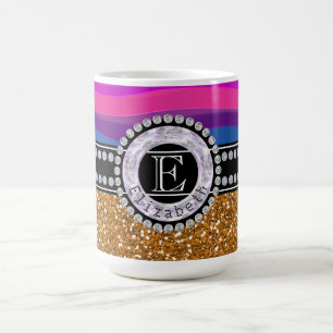 Taza De Café Azul rosado, Purpurina de oro, diamantes, monogram