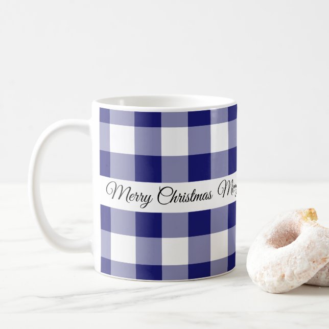 Taza De Café Azul Rústico de Cuadros Feliz Navidad  (Con donut)