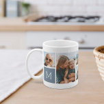 Taza De Café Azul turbio | Collage de fotos de cuadrícula de mo<br><div class="desc">Este sencillo diseño personalizado de foto-taza pone 6 de tus instantáneas favoritas delante y en el centro, junto con un solo monograma inicial a cada lado. Personalizar con seis fotos cuadradas de amigos, niños, nietos, mascotas o tus lugares favoritos, con tu inscripción inicial en letras blancas en una polvorienta plaza...</div>