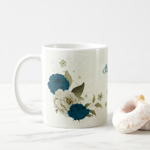 Taza De Café azul turquesa beige floral 