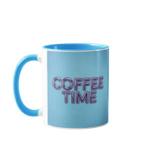 Taza de café azul turquesa con texto morado