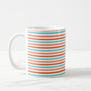 Taza De Café Azul verde azulado, rayas anaranjadas coralinas,