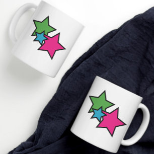 Taza De Café Azul Verde Rosa Negro Estrellas Neon