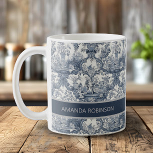 Taza De Café Azul Vintage Floral Damask Toile de Jouy Monograma