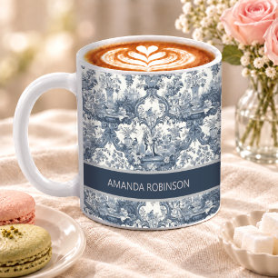 Taza De Café Azul Vintage Floral Damask Toile de Jouy Monograma